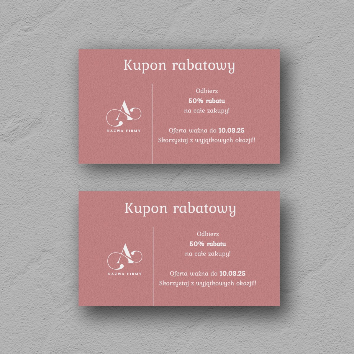 Minimalistyczne karty rabatowe na różowym papierze z białym nadrukiem - Rose